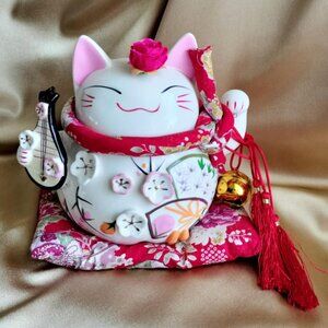 Maneki Neko Chinese lucky cat coin bank musical instrument bell pillow feng shui